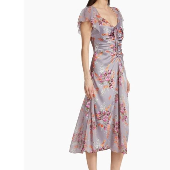 CINQ À SEPT Terrence Floral Print Ruched Flutter Sleeve Midi Dress Size 10 - Picture 3 of 9